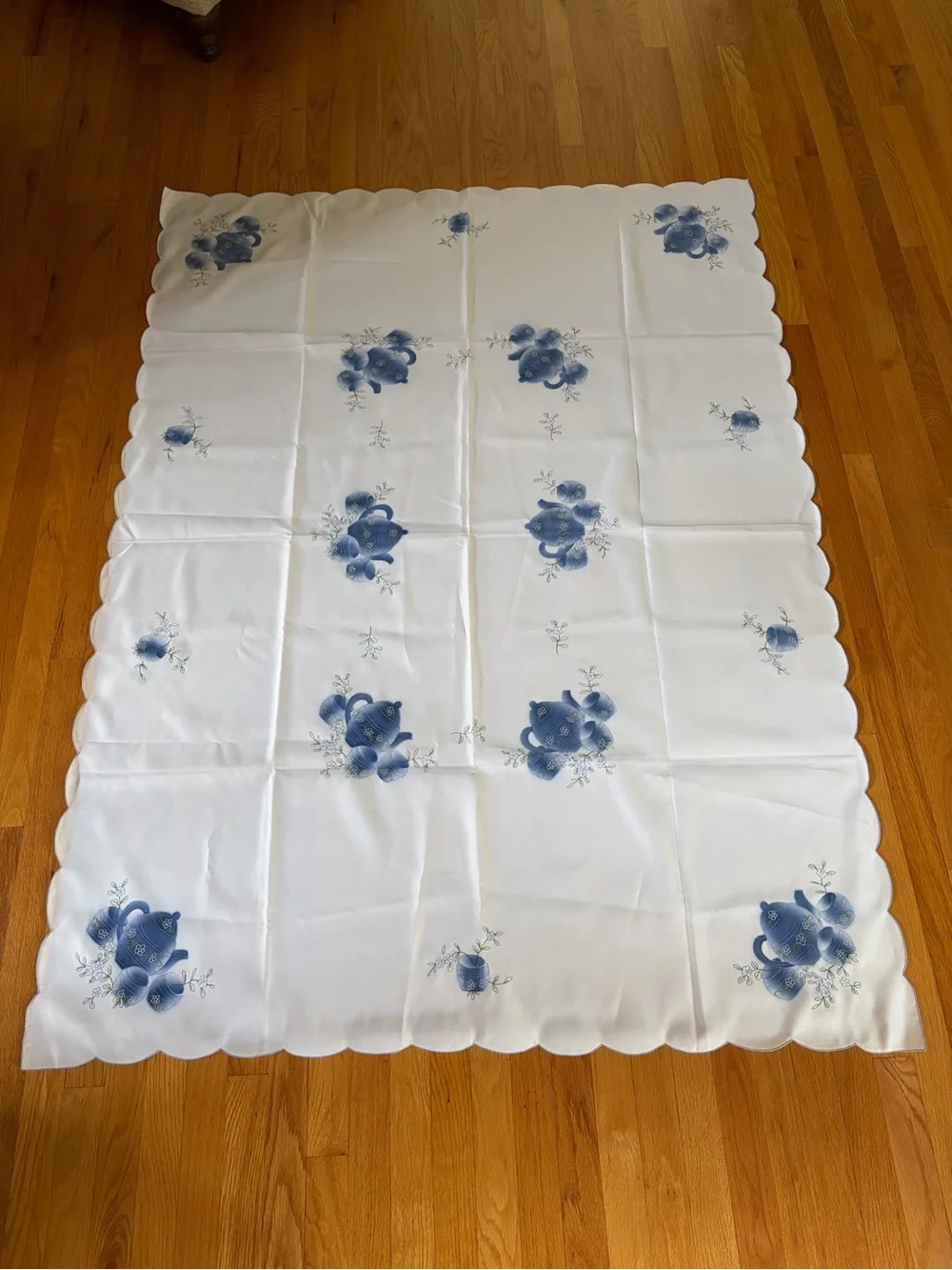 Classic Blue Floral Embroidered Tablecloth - approx. 51